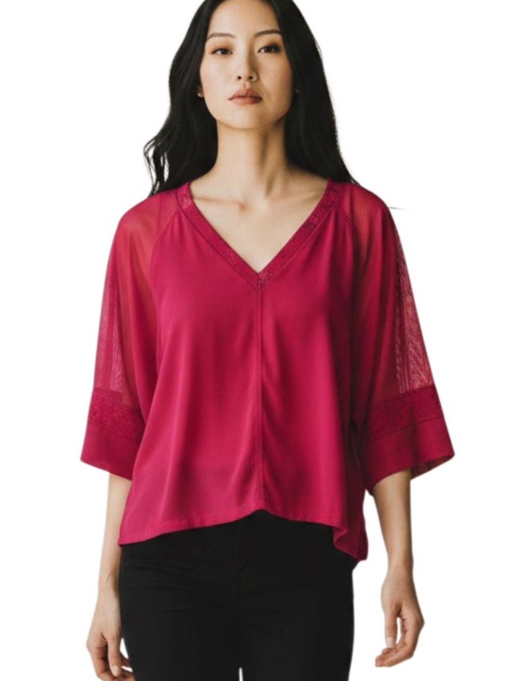 Puma Women's V-Neck Flutter Sleeve Top in Deep Raspberry